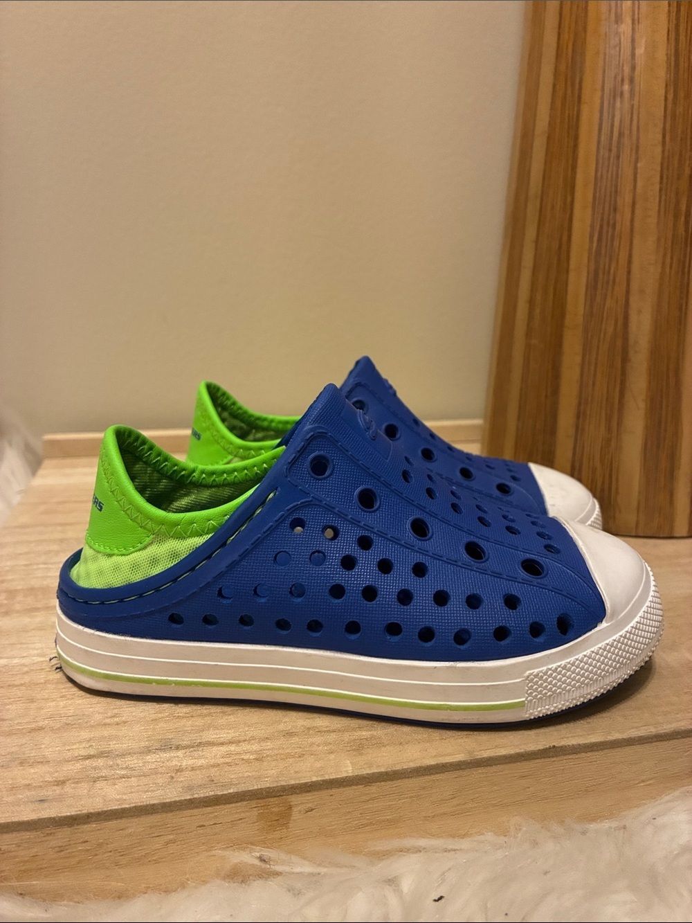 Sketchers Kids Blue Slip-On Water Shoes with Neon Green Lining
